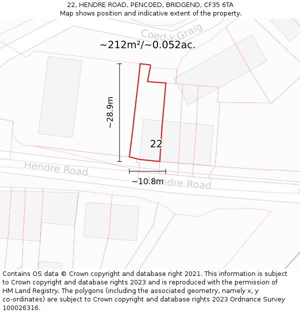 22, HENDRE ROAD, PENCOED, BRIDGEND, CF35 6TA: Plot and title map