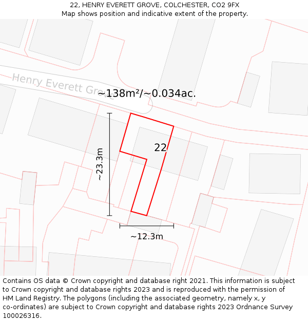 22, HENRY EVERETT GROVE, COLCHESTER, CO2 9FX: Plot and title map