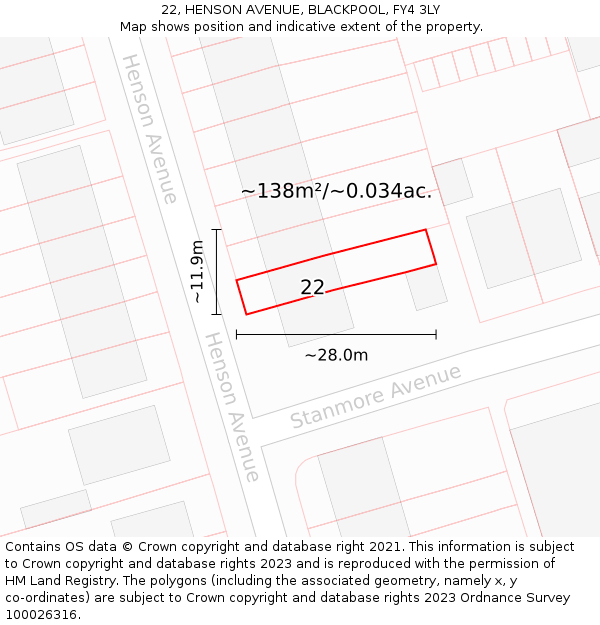 22, HENSON AVENUE, BLACKPOOL, FY4 3LY: Plot and title map