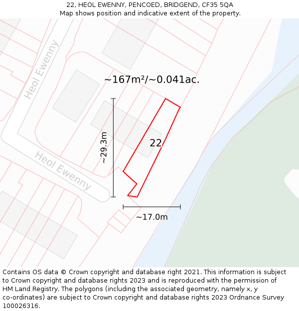 22, HEOL EWENNY, PENCOED, BRIDGEND, CF35 5QA: Plot and title map