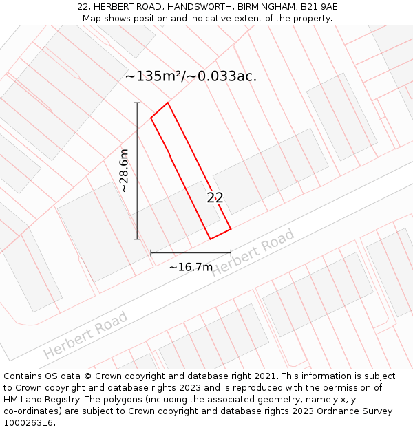 22, HERBERT ROAD, HANDSWORTH, BIRMINGHAM, B21 9AE: Plot and title map