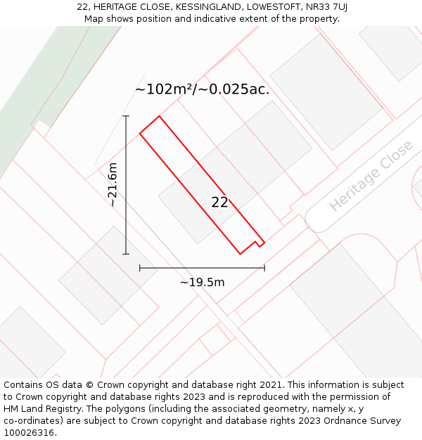 22, HERITAGE CLOSE, KESSINGLAND, LOWESTOFT, NR33 7UJ: Plot and title map