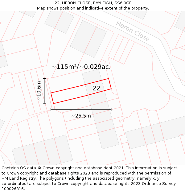 22, HERON CLOSE, RAYLEIGH, SS6 9GF: Plot and title map