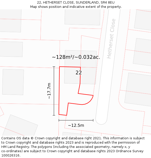 22, HETHERSET CLOSE, SUNDERLAND, SR4 8EU: Plot and title map