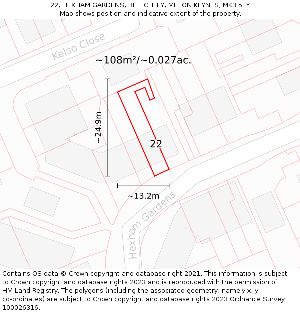 22, HEXHAM GARDENS, BLETCHLEY, MILTON KEYNES, MK3 5EY: Plot and title map