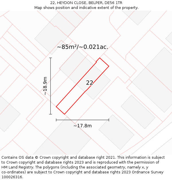 22, HEYDON CLOSE, BELPER, DE56 1TR: Plot and title map