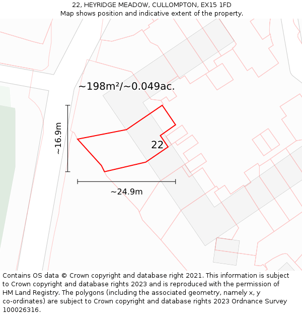 22, HEYRIDGE MEADOW, CULLOMPTON, EX15 1FD: Plot and title map