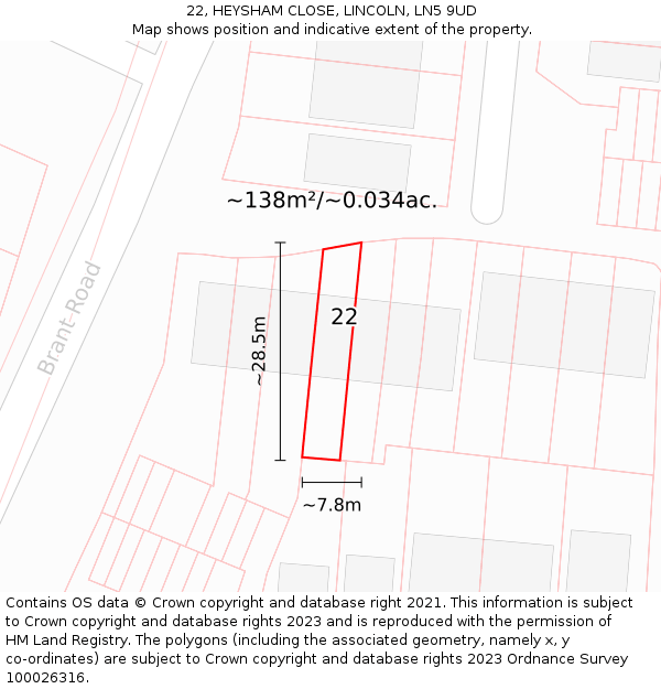 22, HEYSHAM CLOSE, LINCOLN, LN5 9UD: Plot and title map