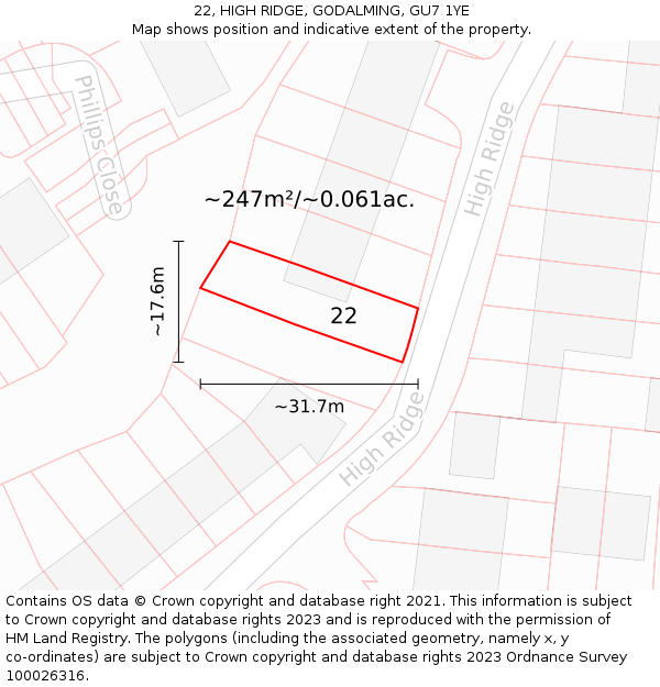 22, HIGH RIDGE, GODALMING, GU7 1YE: Plot and title map