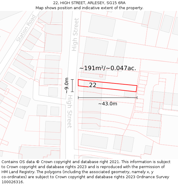 22, HIGH STREET, ARLESEY, SG15 6RA: Plot and title map
