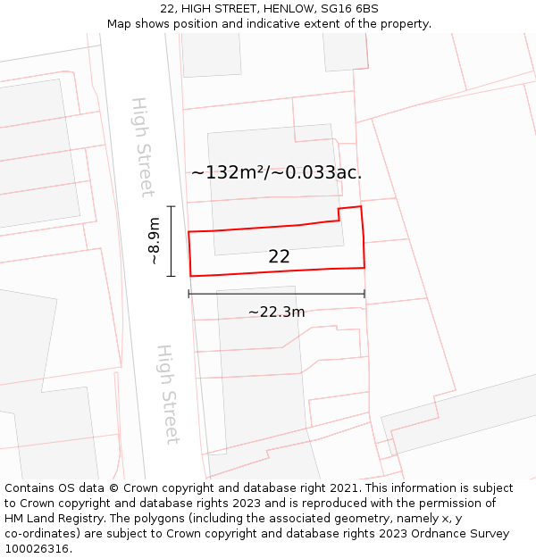 22, HIGH STREET, HENLOW, SG16 6BS: Plot and title map
