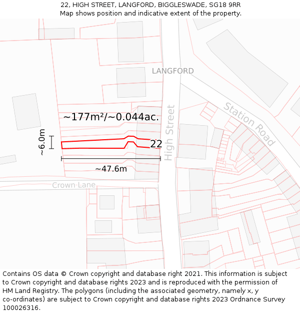 22, HIGH STREET, LANGFORD, BIGGLESWADE, SG18 9RR: Plot and title map