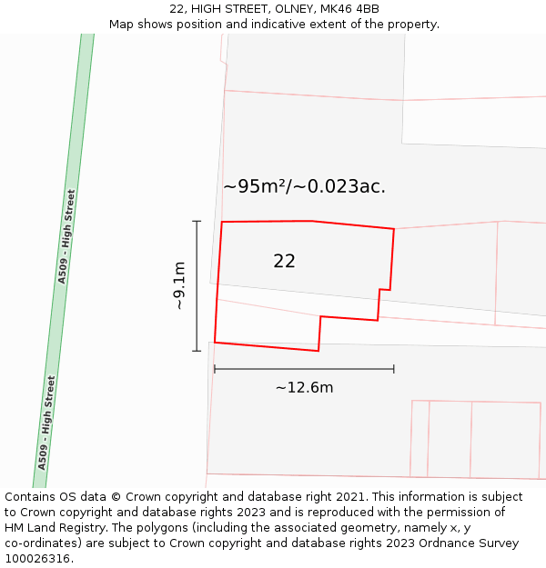 22, HIGH STREET, OLNEY, MK46 4BB: Plot and title map