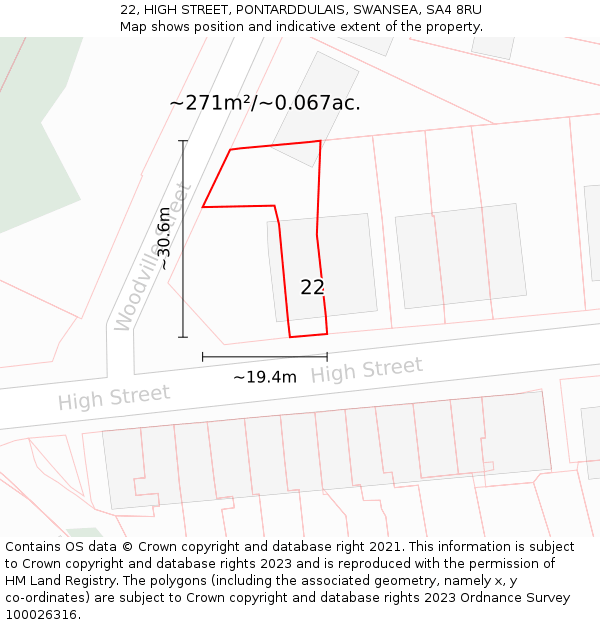 22, HIGH STREET, PONTARDDULAIS, SWANSEA, SA4 8RU: Plot and title map