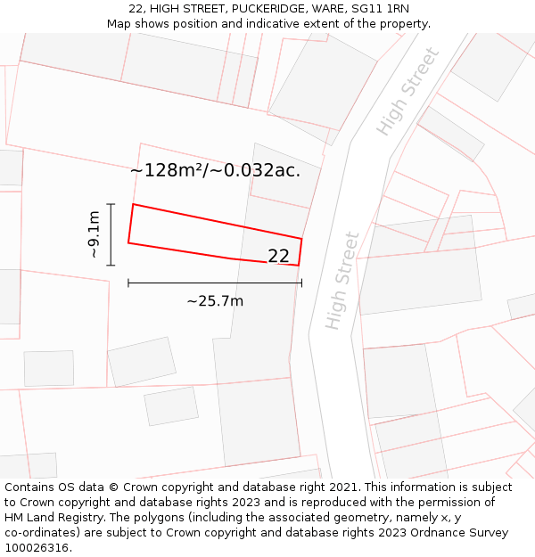 22, HIGH STREET, PUCKERIDGE, WARE, SG11 1RN: Plot and title map