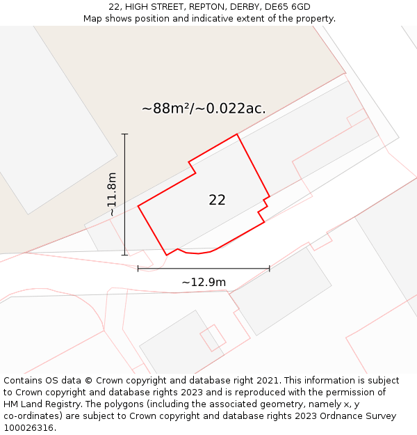 22, HIGH STREET, REPTON, DERBY, DE65 6GD: Plot and title map