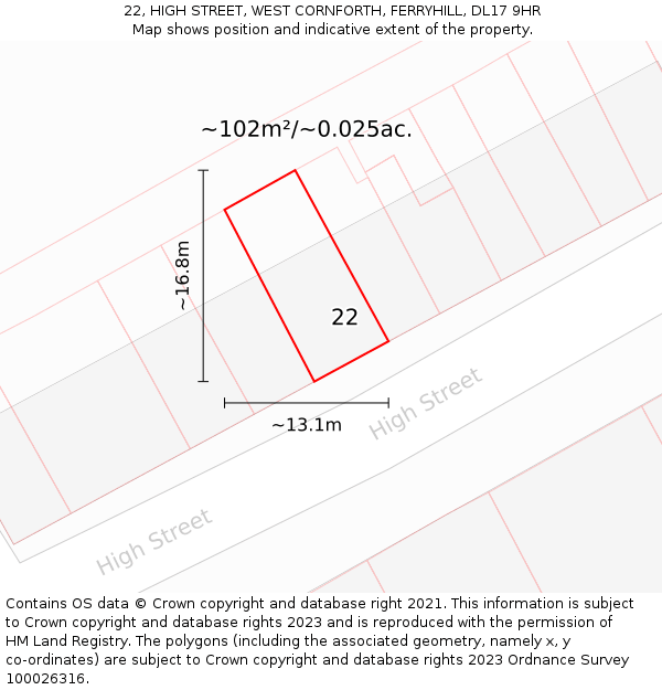 22, HIGH STREET, WEST CORNFORTH, FERRYHILL, DL17 9HR: Plot and title map