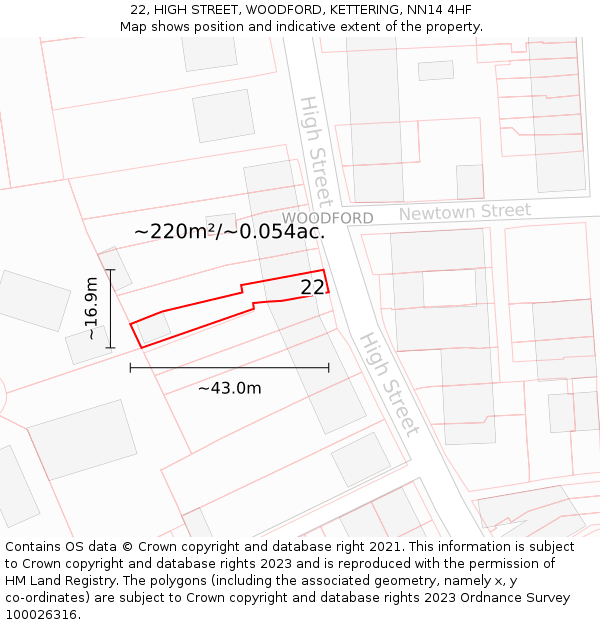 22, HIGH STREET, WOODFORD, KETTERING, NN14 4HF: Plot and title map