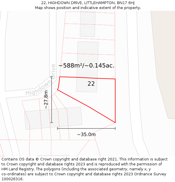 22, HIGHDOWN DRIVE, LITTLEHAMPTON, BN17 6HJ: Plot and title map