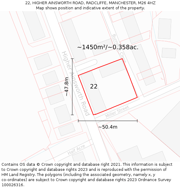 22, HIGHER AINSWORTH ROAD, RADCLIFFE, MANCHESTER, M26 4HZ: Plot and title map