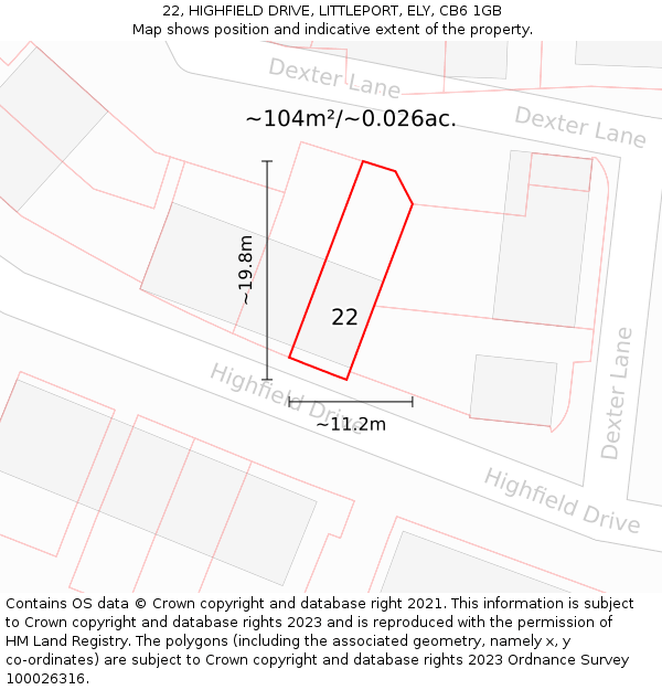 22, HIGHFIELD DRIVE, LITTLEPORT, ELY, CB6 1GB: Plot and title map