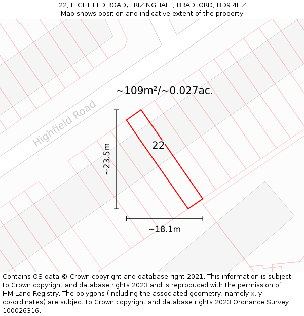 22, HIGHFIELD ROAD, FRIZINGHALL, BRADFORD, BD9 4HZ: Plot and title map