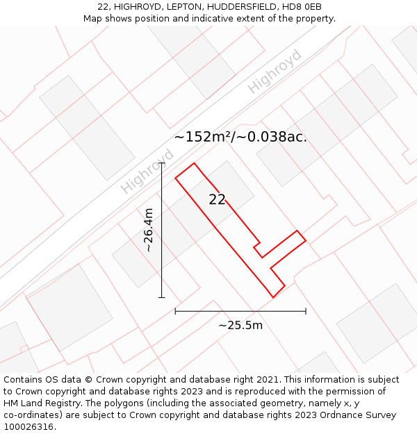 22, HIGHROYD, LEPTON, HUDDERSFIELD, HD8 0EB: Plot and title map
