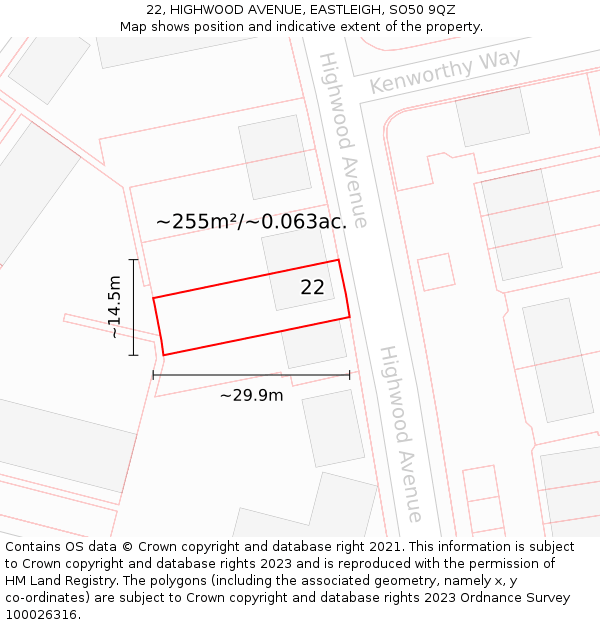 22, HIGHWOOD AVENUE, EASTLEIGH, SO50 9QZ: Plot and title map
