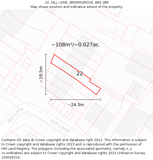 22, HILL LANE, BROMSGROVE, B60 2BP: Plot and title map