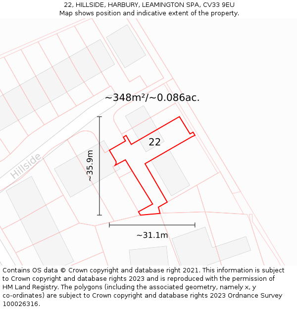 22, HILLSIDE, HARBURY, LEAMINGTON SPA, CV33 9EU: Plot and title map