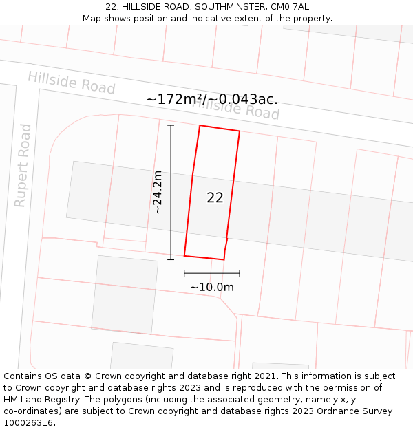 22, HILLSIDE ROAD, SOUTHMINSTER, CM0 7AL: Plot and title map