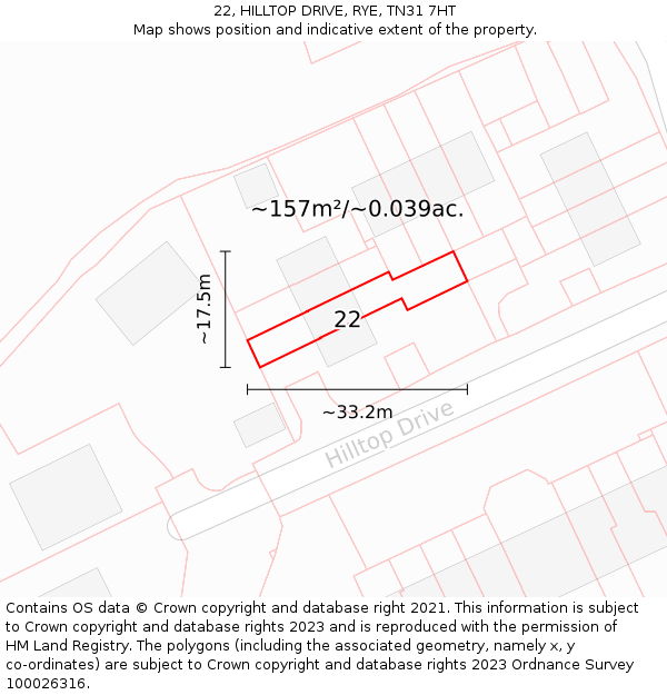 22, HILLTOP DRIVE, RYE, TN31 7HT: Plot and title map