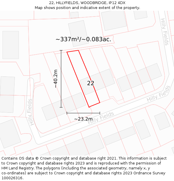 22, HILLYFIELDS, WOODBRIDGE, IP12 4DX: Plot and title map