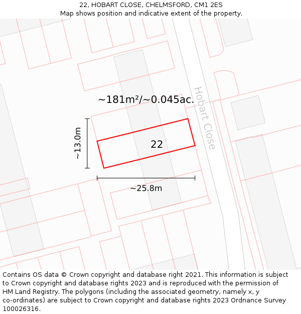 22, HOBART CLOSE, CHELMSFORD, CM1 2ES: Plot and title map