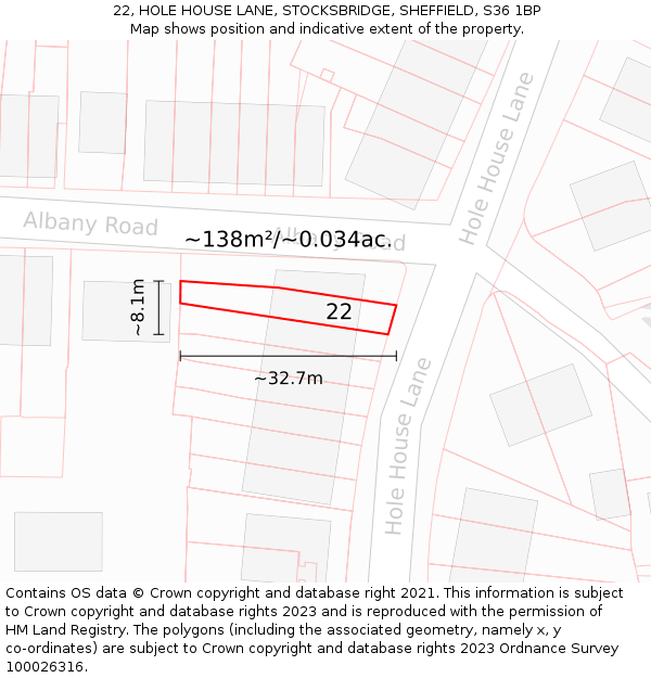 22, HOLE HOUSE LANE, STOCKSBRIDGE, SHEFFIELD, S36 1BP: Plot and title map
