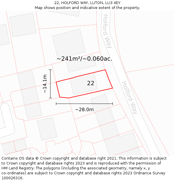 22, HOLFORD WAY, LUTON, LU3 4EY: Plot and title map