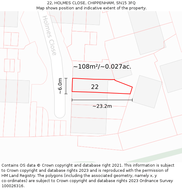 22, HOLMES CLOSE, CHIPPENHAM, SN15 3FQ: Plot and title map