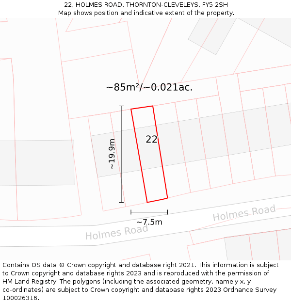 22, HOLMES ROAD, THORNTON-CLEVELEYS, FY5 2SH: Plot and title map