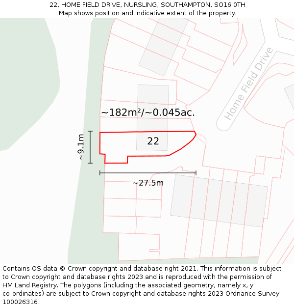22, HOME FIELD DRIVE, NURSLING, SOUTHAMPTON, SO16 0TH: Plot and title map