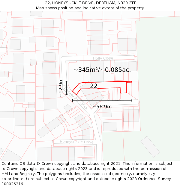 22, HONEYSUCKLE DRIVE, DEREHAM, NR20 3TT: Plot and title map