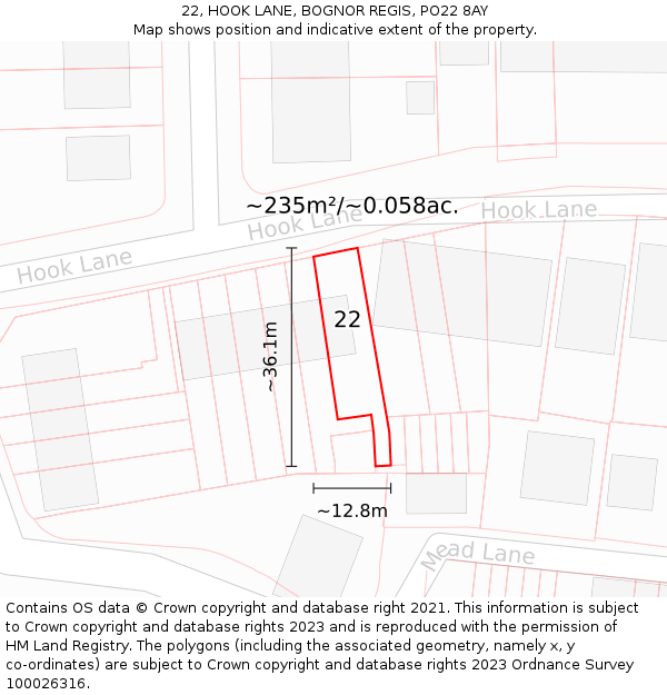 22, HOOK LANE, BOGNOR REGIS, PO22 8AY: Plot and title map