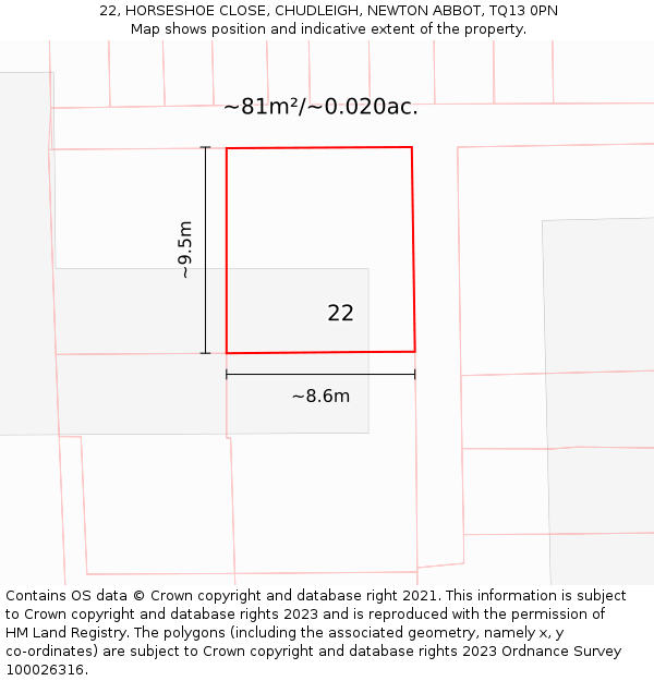 22, HORSESHOE CLOSE, CHUDLEIGH, NEWTON ABBOT, TQ13 0PN: Plot and title map