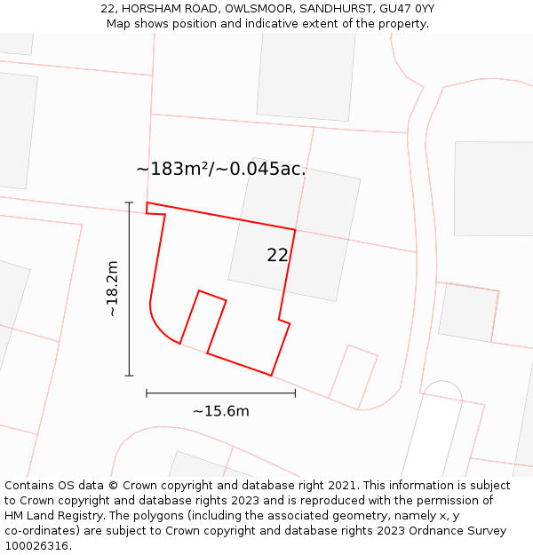 22, HORSHAM ROAD, OWLSMOOR, SANDHURST, GU47 0YY: Plot and title map