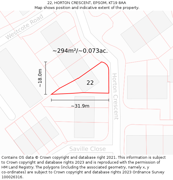 22, HORTON CRESCENT, EPSOM, KT19 8AA: Plot and title map