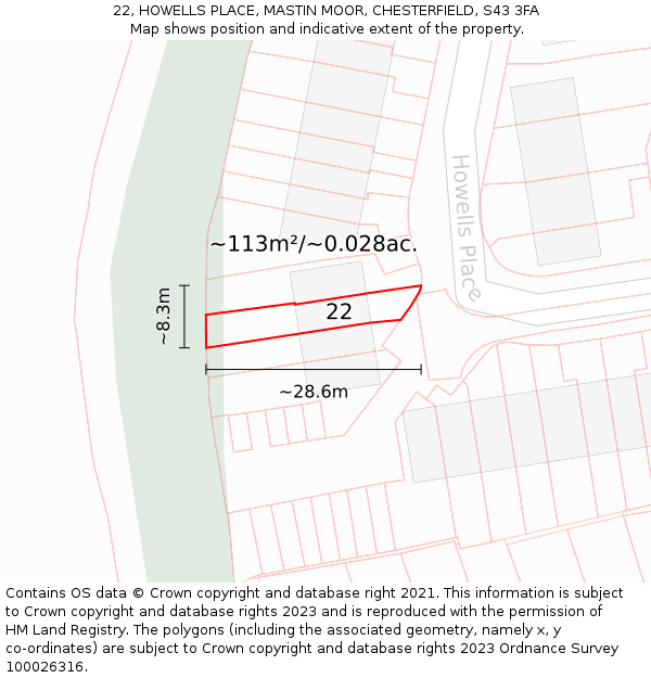 22, HOWELLS PLACE, MASTIN MOOR, CHESTERFIELD, S43 3FA: Plot and title map