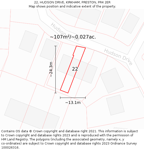 22, HUDSON DRIVE, KIRKHAM, PRESTON, PR4 2ER: Plot and title map