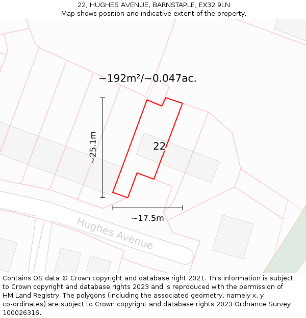 22, HUGHES AVENUE, BARNSTAPLE, EX32 9LN: Plot and title map