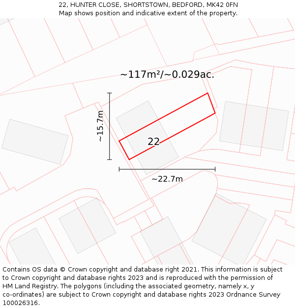 22, HUNTER CLOSE, SHORTSTOWN, BEDFORD, MK42 0FN: Plot and title map