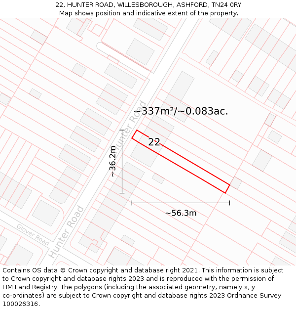 22, HUNTER ROAD, WILLESBOROUGH, ASHFORD, TN24 0RY: Plot and title map
