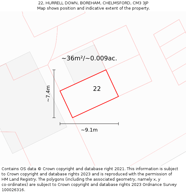 22, HURRELL DOWN, BOREHAM, CHELMSFORD, CM3 3JP: Plot and title map